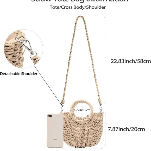 Small Straw Tote Bag for Women,Summer Beach Crossbody Shoulder Handbag,Hand-wove - Picture 2 of 7